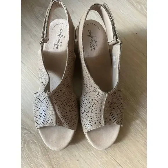 Clarks collection peep toe nude leather wedge size 10 - Picture 2 of 6